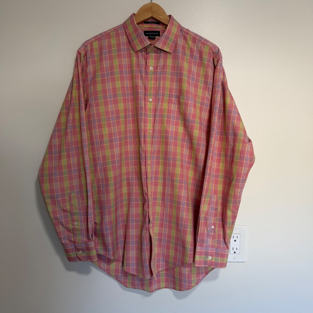 Lands' End Plaid No Iron Button Down Shirt Pink Mens 16.5-35 Tailored Fit Pastel